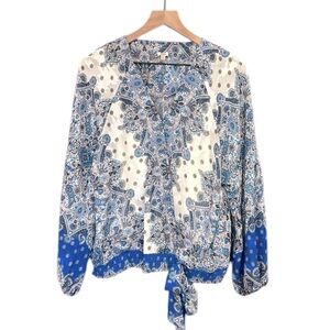 Reba Paisley Faux Wrap Lined Long Sleeve Blue Top Size Large